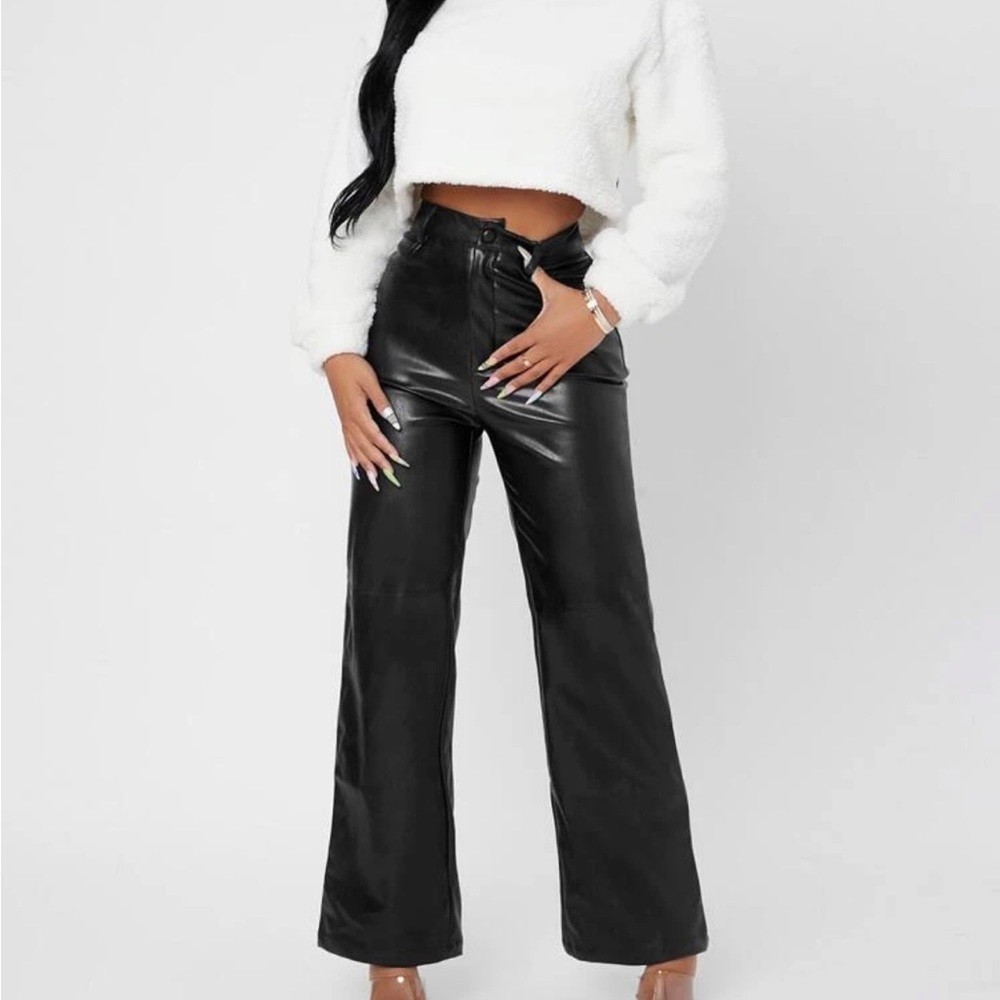 Solid High Waist Straight Leg PU Leather Pants